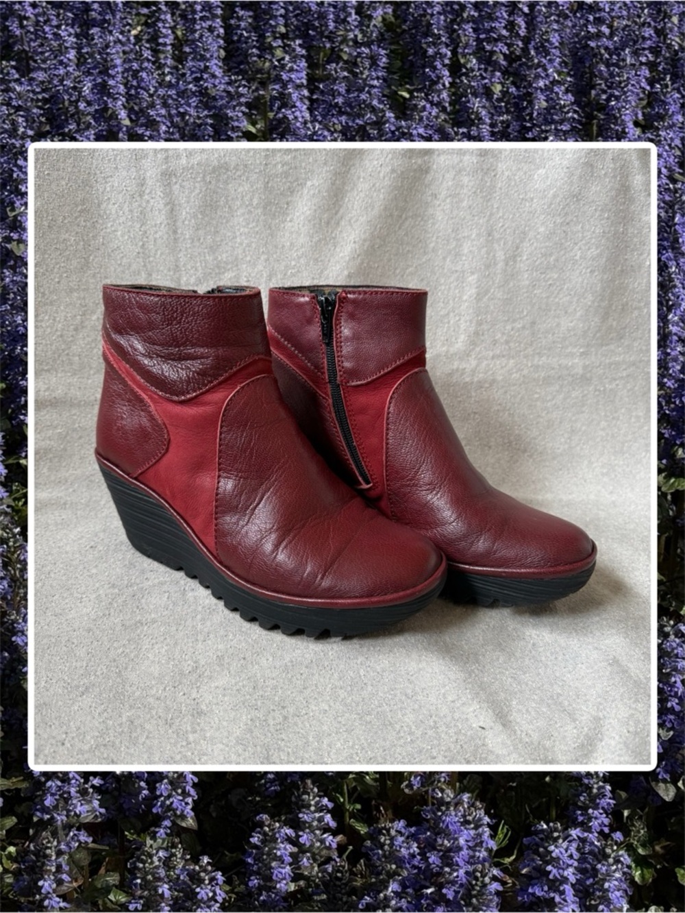 Fly London Yago Burgundy Leather Wedge Ankle Boots 38 US 7.5-8